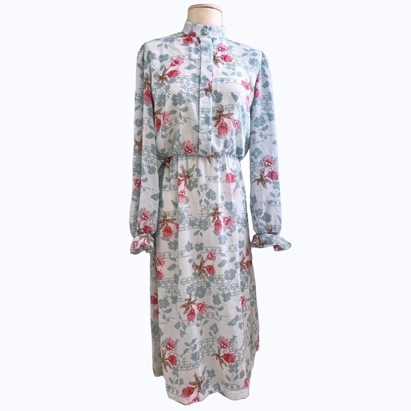 Dresses & Skirts - 𝅺vintage 1970s sheer blue floral high neck secretary dress with ruffle cuff Sz M